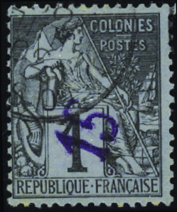 N°1 15 sur 1c noir sur azuré obl TB