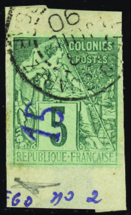 N°2 15 sur 5c vert obl TB