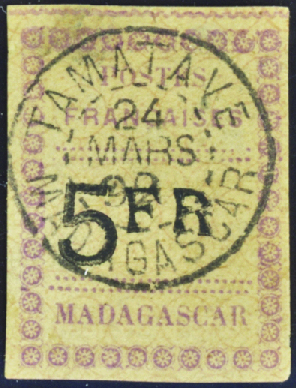 N°13 5f violet et noir sur gris obl (aminci)