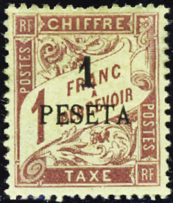 TAXE N°5 1 peseta sur 1f lilas-brun neufs * TB
