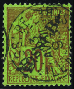 N°25 20c brique sur vert obl TB