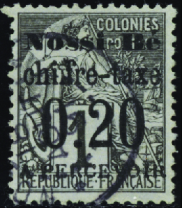 TAXE N°1 20c sur 1c noir sur azuré obl TB