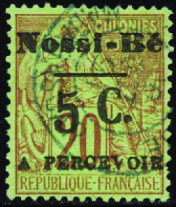 TAXE N°7 5c sur 20c brique sur vert obl TB