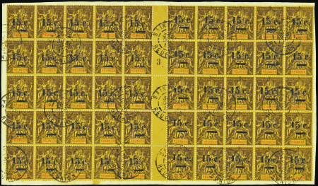 N°54 15c/75c bloc de 50 (12ex petit"1"-1ex"c" quas