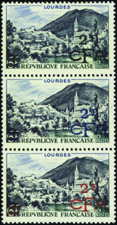N°310 2f/6f Lourdes bande de 3 essais de surcharge