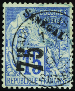 N°6 75c sur 15c bleu obl TB