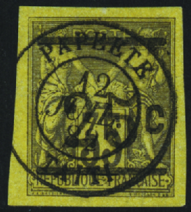 N°1 25c sur 35c violet-noir sur jaune obl TB