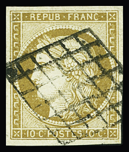 N°1 10c bistre-jaune, obl. grille, TB