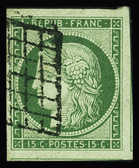 N°2 15c. vert, obl. grille, très grandes marges avec