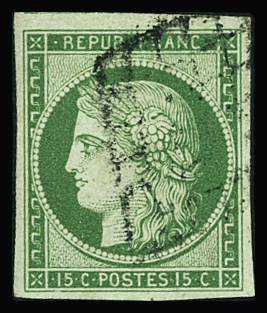 N°2 15c. vert, obl. grille, 1 voisin, TB. Signé Baudot