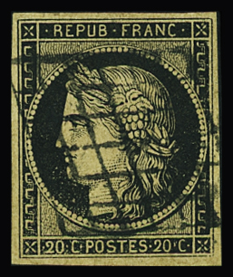 N°3g 20c. noir sur chamois très foncé fauve, obl. grille,