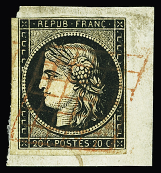 N°3 20c noir sur jaune, obl. grille rouge, au filet