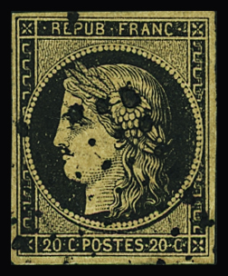 N°3g 20c noir sur chamois très foncé fauve, obl., TB