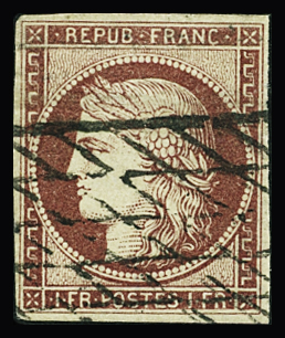 N°6 1f carmin, obl. grille sans fin, TB. Signé Calves