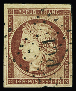 N°6 1f carmin, obl. PC1, filet inférieur touché en