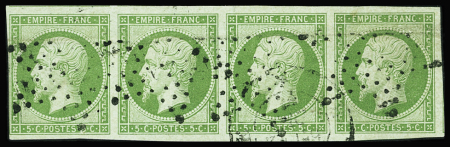 N°12a 5c  vert-jaune en bande de 4, obl. étoile + CaD