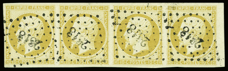 N°13Ag 10c  bistre-jaune en bande de 4, bdf, obl. PC