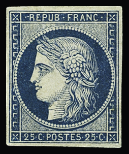 N°4 25c bleu, neuf *, restauré, TB d'aspect
