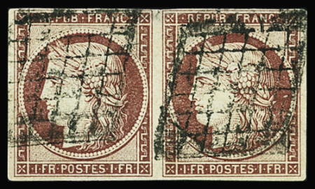 N°6 1f carmin, paire obl. grille, petits amincis sinon