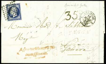 N°14A obl. PC sur lettre de Marseille 1856 pour Genève,