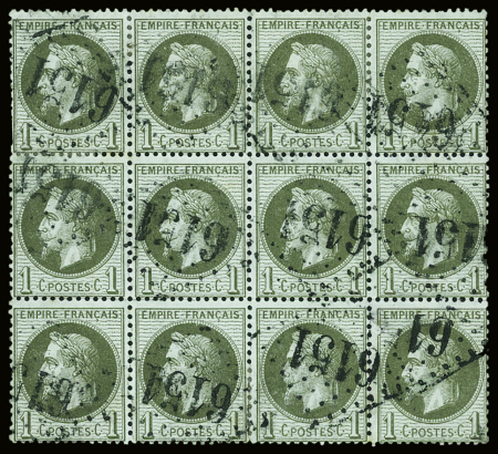 N°25 1c vert-bronze en bande de 12, obl. GC 6151 de