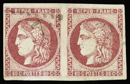 N°49 80c rose en paire, obl. GC, TB