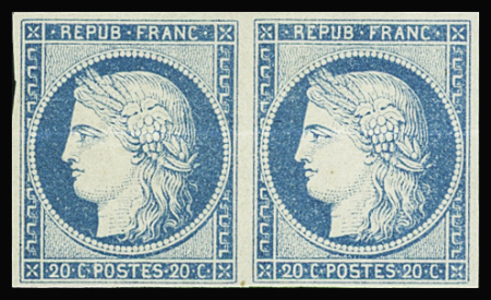 N°12 20c bleu en paire, neuve *, pli horizontal, TB