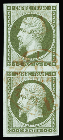 N°11 1c olive en paire verticale, obl. CaD rouge des