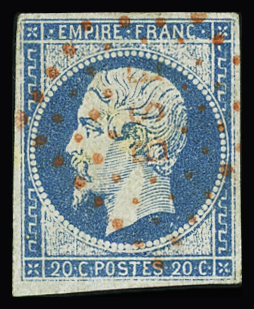 N°14A 20c bleu Type I, rare obl. losange BSE rouge
