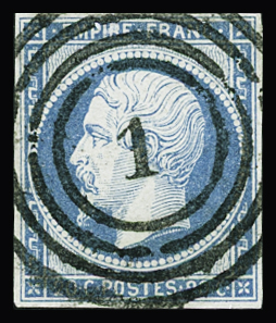 N°14A 20c.bleu Type I, rarissime obl. par cachet prussien