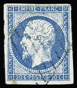 N°14A 20c bleu Type I, rarissime obl. grille locale