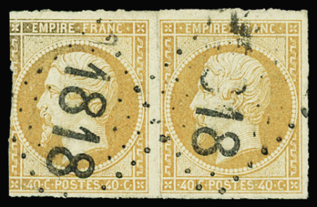 N°16 40c orange en paire (un ex. déf.), rare obl. bâton