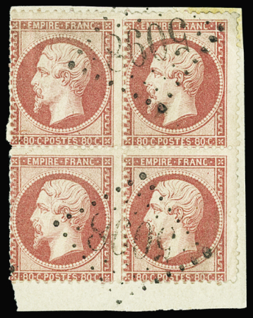 N°24 80c rose en bloc de 4 sur fragment, rare obl.