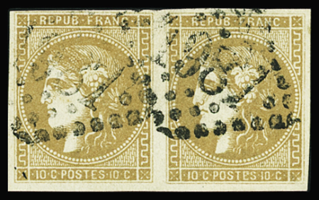 N°43Ac 10c bistre foncé Report 1 en paire, obl. GC
