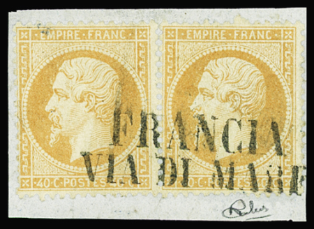 N°23 40c orange en paire sur fragment, rare obl. italienne