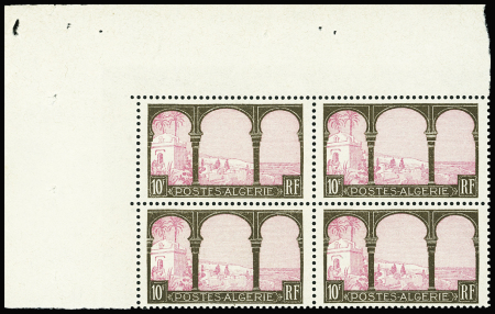 N°84 10f brun et rosé (h), en 2 blocs de 4, coins de