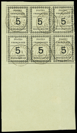 N°8 5c noir sur vert  en grand bloc de 6 avec grand