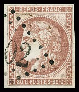 N°49d 80c groseille, nuance caractéristiques, obl.