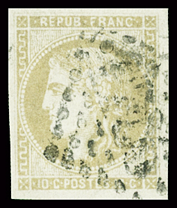 N°43Ab 10c bistre verdâtre, nuance caractéristiques,