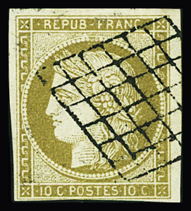 N°1b 10c bistre verdâtre, obl. grille propre, filet