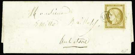 N°1 10c Bistre-jaune obl. OR sur lettre locale 1852