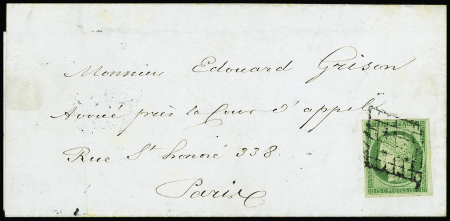 N°2 15c vert obl. grille sur LSC de Paris 26.3.1851