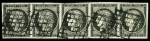 N°3c 20c gris-noir en bande de cinq très bien margée,