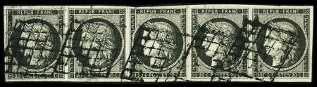 N°3c 20c gris-noir en bande de cinq très bien margée,
