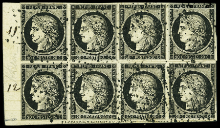 N°3 20c noir sur jaune, exceptionnel bloc de six (touché