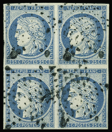 N°4 25c bleu, bloc de 4, oblitéré étoile, TB, rare