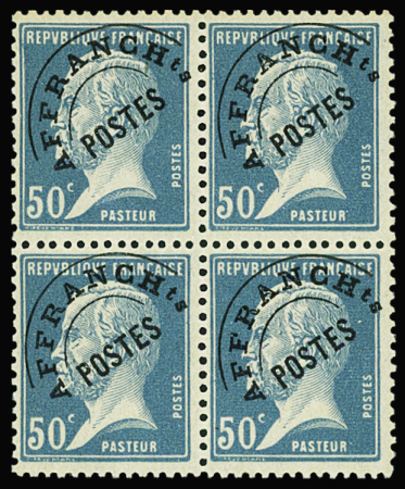 N°68 Pasteur 50c bleu en bloc de 4, neuf **, TB. Signés