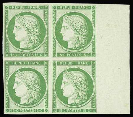 N°2e 15c vert clair, réimpression de 1862, bloc de