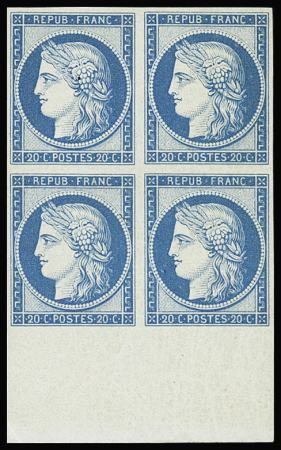 N°8f 20c bleu, réimpression de 1862, bloc de 4 bord