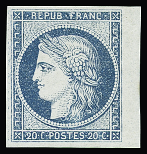 N°8b 20c bleu sur azuré dit "Astruc", bord de feuille,
